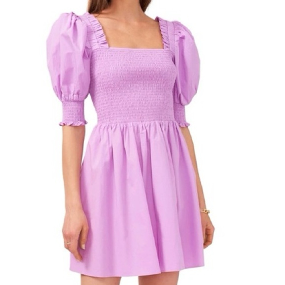 1.State Adorable Cotton Lilac Puff Sleeve Mini Dress with Smocked Bodice Size L